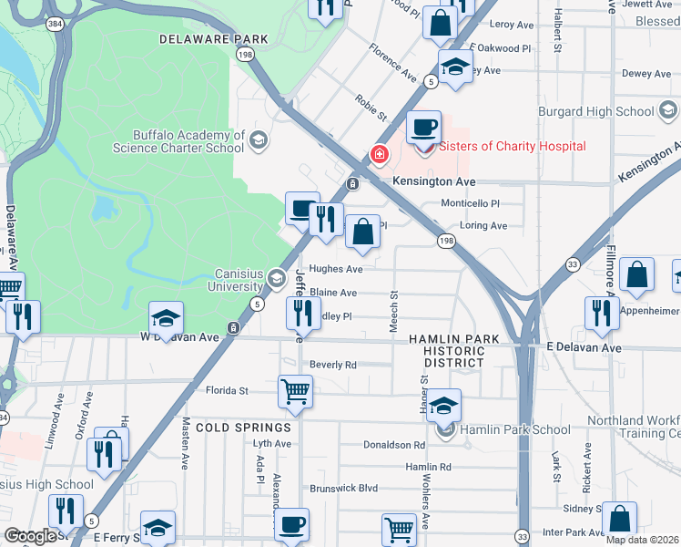 map of restaurants, bars, coffee shops, grocery stores, and more near 52 Blaine Avenue in Buffalo