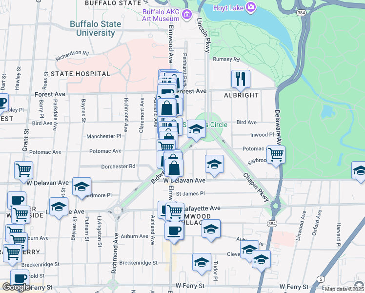 map of restaurants, bars, coffee shops, grocery stores, and more near 177 Bidwell Parkway in Buffalo