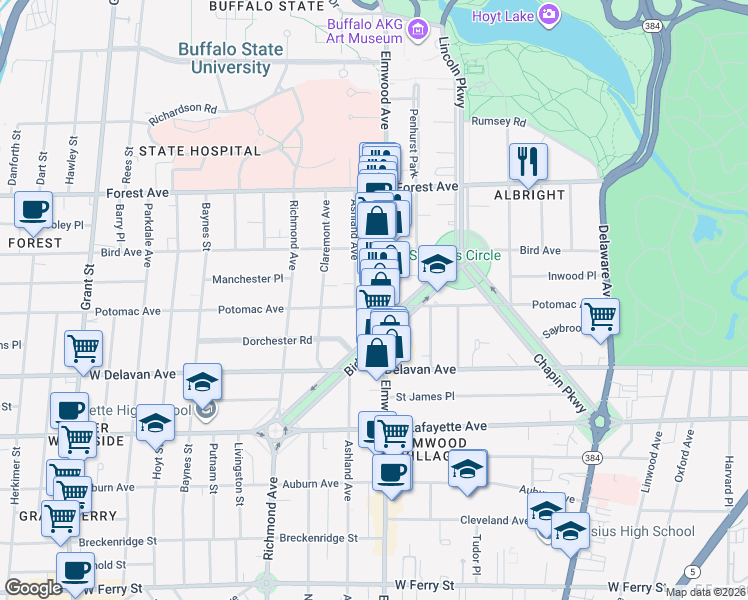 map of restaurants, bars, coffee shops, grocery stores, and more near 583 Potomac Avenue in Buffalo