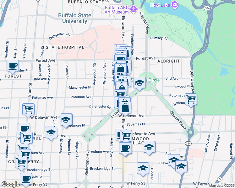 map of restaurants, bars, coffee shops, grocery stores, and more near 585 Potomac Avenue in Buffalo