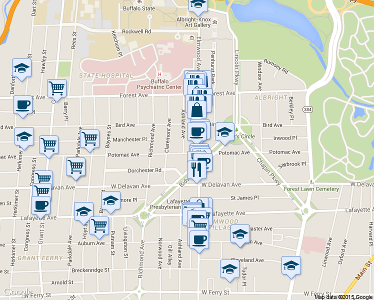 map of restaurants, bars, coffee shops, grocery stores, and more near 585 Potomac Avenue in Buffalo
