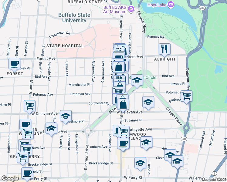 map of restaurants, bars, coffee shops, grocery stores, and more near 585 Potomac Avenue in Buffalo
