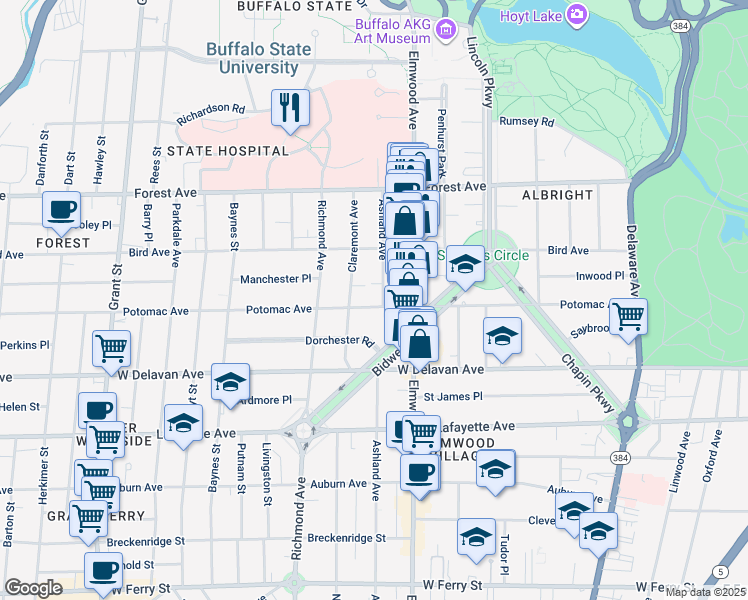 map of restaurants, bars, coffee shops, grocery stores, and more near 547 Potomac Avenue in Buffalo