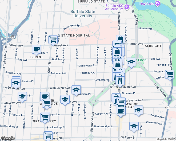 map of restaurants, bars, coffee shops, grocery stores, and more near 467 Potomac Avenue in Buffalo