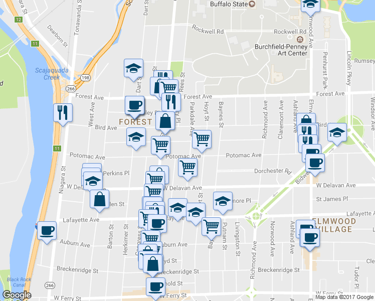 map of restaurants, bars, coffee shops, grocery stores, and more near 307 Potomac Avenue in Buffalo