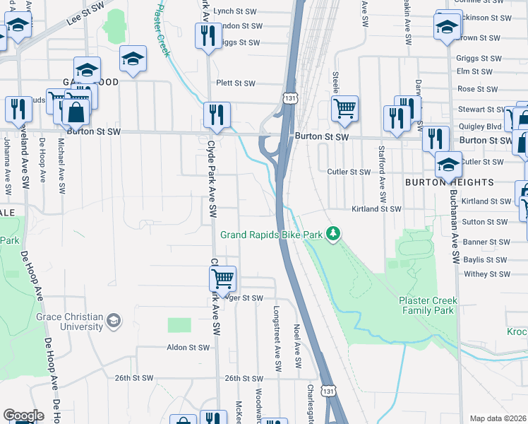 map of restaurants, bars, coffee shops, grocery stores, and more near 634 Kirtland Street Southwest in Grand Rapids