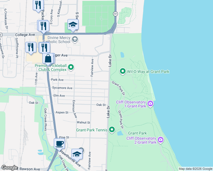map of restaurants, bars, coffee shops, grocery stores, and more near 517 Sycamore Avenue in South Milwaukee