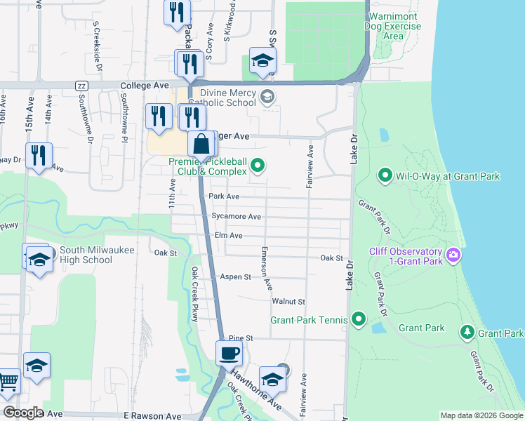 map of restaurants, bars, coffee shops, grocery stores, and more near 701 Sycamore Avenue in South Milwaukee