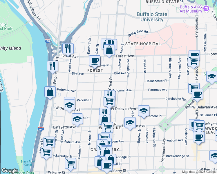 map of restaurants, bars, coffee shops, grocery stores, and more near 263 Potomac Avenue in Buffalo