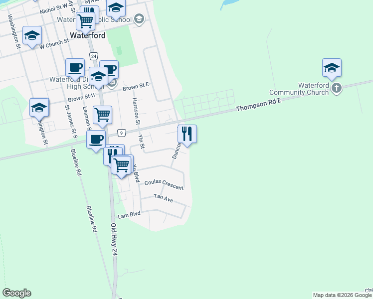 map of restaurants, bars, coffee shops, grocery stores, and more near 67 Yin Street in Waterford