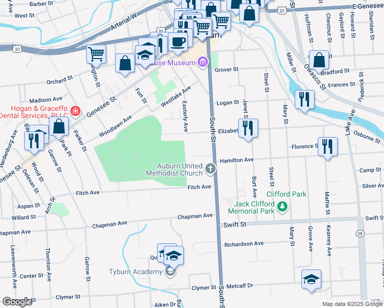 map of restaurants, bars, coffee shops, grocery stores, and more near 9 Roselawn Lane in Auburn