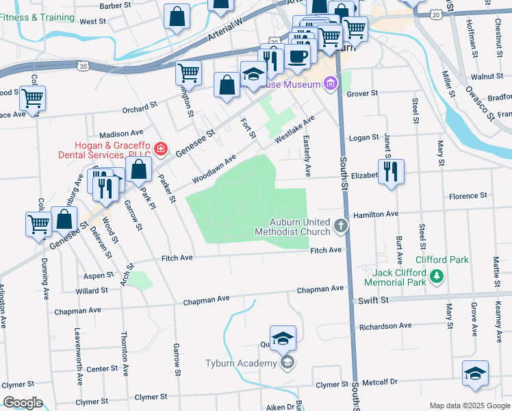 map of restaurants, bars, coffee shops, grocery stores, and more near 19 Fort St in Auburn
