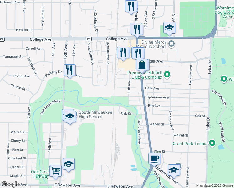 map of restaurants, bars, coffee shops, grocery stores, and more near 1121 Sycamore Avenue in South Milwaukee