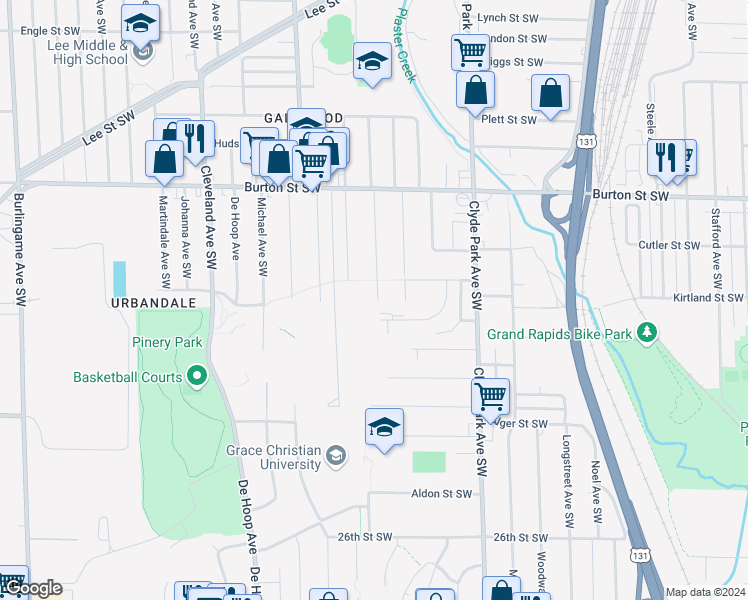 map of restaurants, bars, coffee shops, grocery stores, and more near 2159 Galewood Avenue Southwest in Wyoming