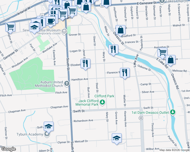 map of restaurants, bars, coffee shops, grocery stores, and more near 28 Hamilton Avenue in Auburn