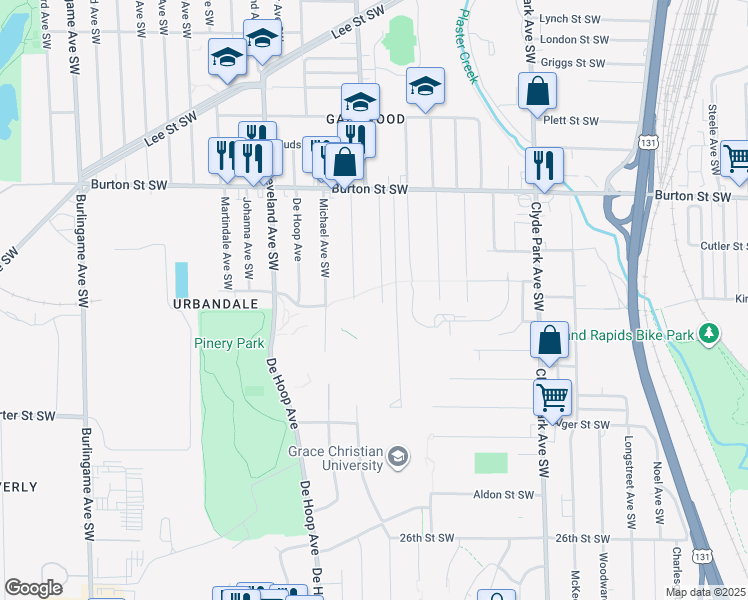map of restaurants, bars, coffee shops, grocery stores, and more near 2220 Godfrey Avenue Southwest in Wyoming
