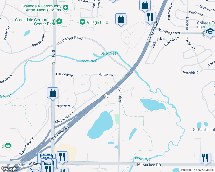 map of restaurants, bars, coffee shops, grocery stores, and more near 6965 Heathmeadow Court in Greendale