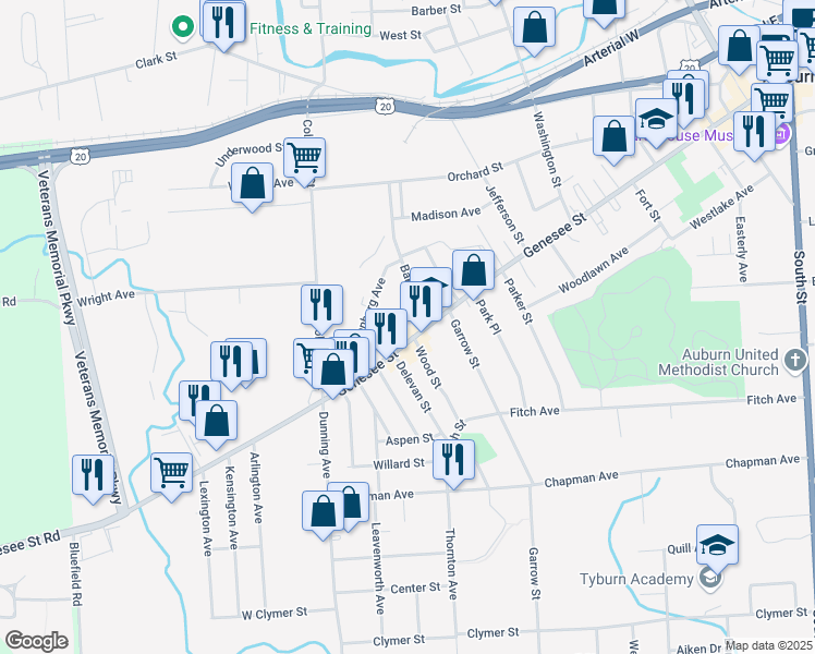 map of restaurants, bars, coffee shops, grocery stores, and more near 257 Genesee Street in Auburn