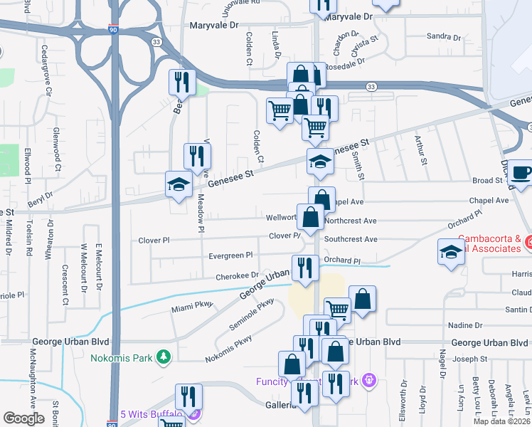 map of restaurants, bars, coffee shops, grocery stores, and more near 95 Wellworth Place in Buffalo