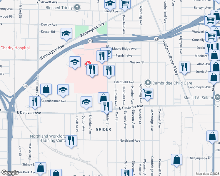 map of restaurants, bars, coffee shops, grocery stores, and more near 336 Grider Street in Buffalo