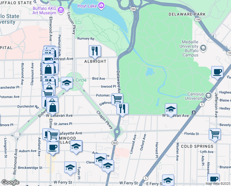 map of restaurants, bars, coffee shops, grocery stores, and more near 825 Potomac Avenue in Buffalo