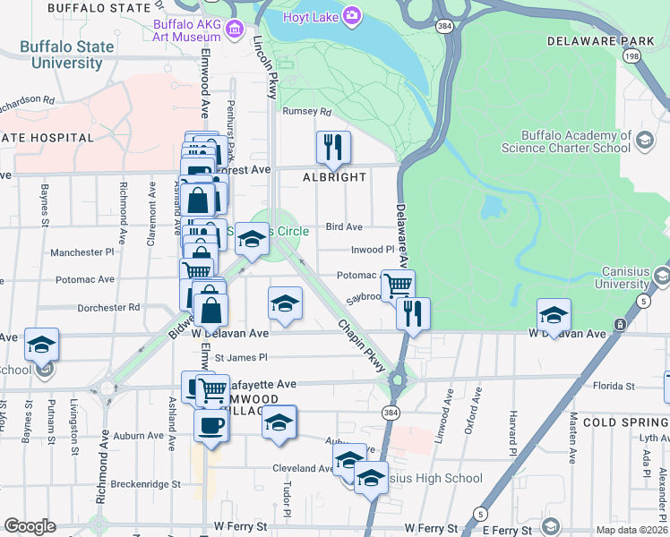 map of restaurants, bars, coffee shops, grocery stores, and more near 137 Chapin Parkway in Buffalo