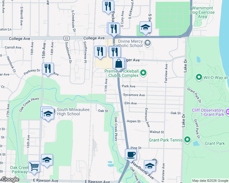 map of restaurants, bars, coffee shops, grocery stores, and more near 1013 Sycamore Avenue in South Milwaukee