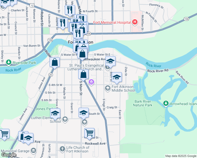 map of restaurants, bars, coffee shops, grocery stores, and more near 341 Foster Street in Fort Atkinson