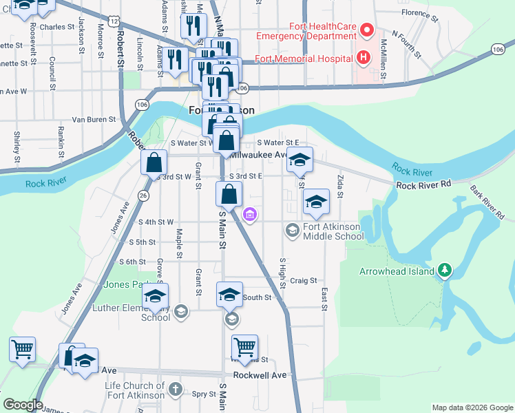 map of restaurants, bars, coffee shops, grocery stores, and more near 341 Foster Street in Fort Atkinson