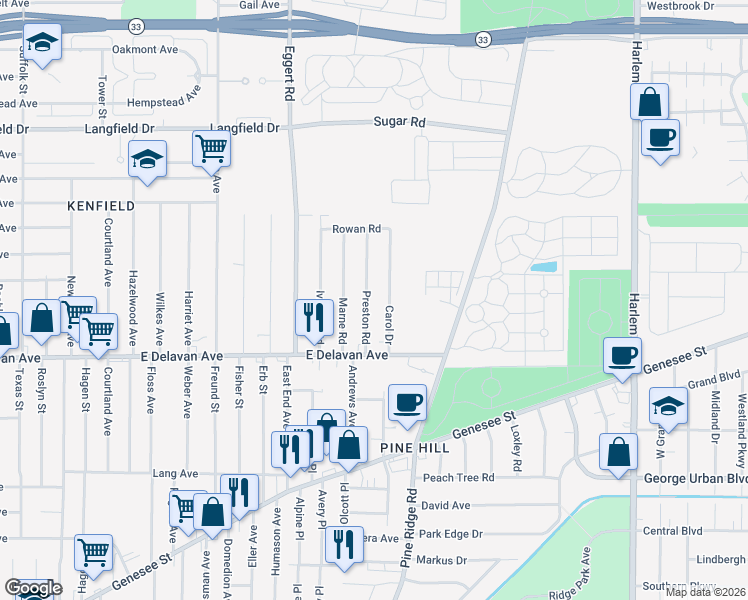 map of restaurants, bars, coffee shops, grocery stores, and more near 36 Carol Drive in Cheektowaga