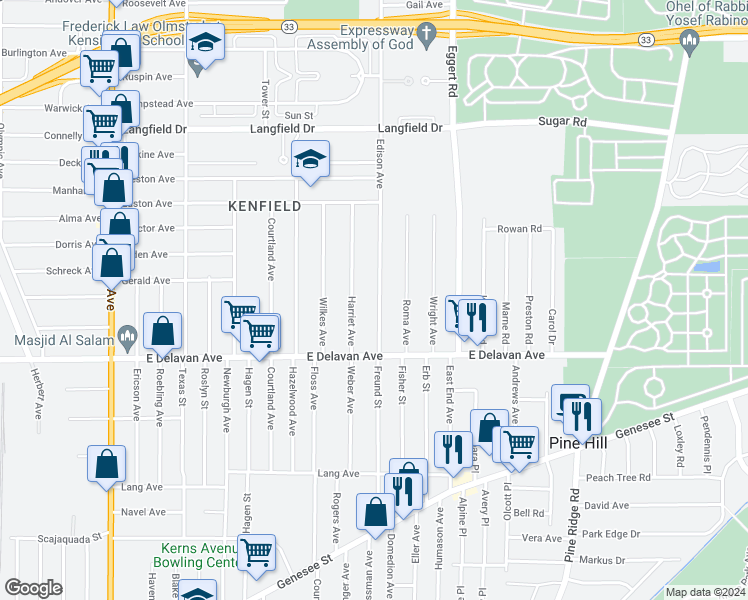 map of restaurants, bars, coffee shops, grocery stores, and more near 62 Edison Avenue in Buffalo