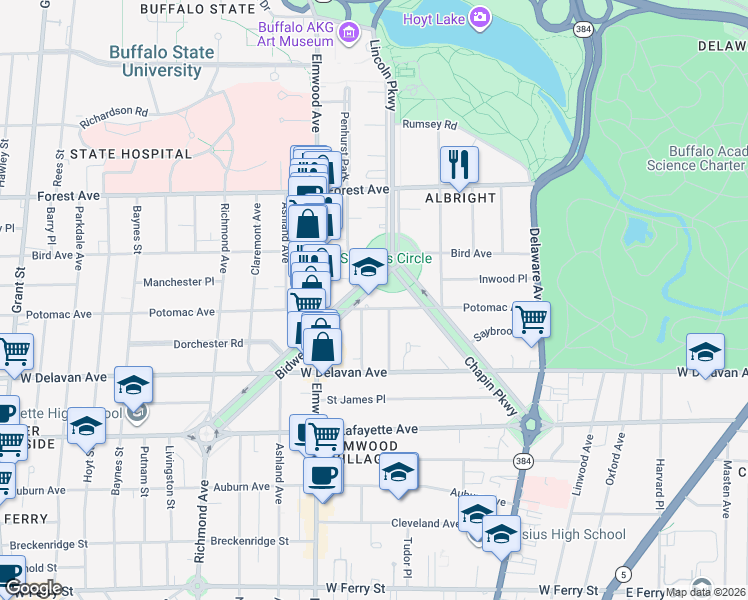 map of restaurants, bars, coffee shops, grocery stores, and more near 669 Potomac Avenue in Buffalo