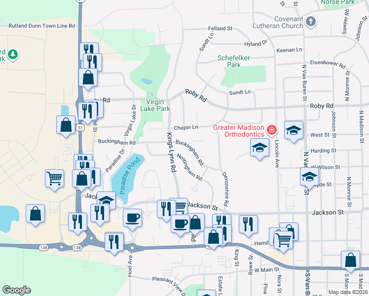 map of restaurants, bars, coffee shops, grocery stores, and more near 610 Nottingham Road in Stoughton