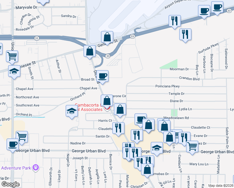 map of restaurants, bars, coffee shops, grocery stores, and more near 13 Barone Circle in Buffalo