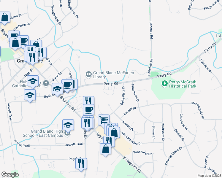 map of restaurants, bars, coffee shops, grocery stores, and more near 662 Perry Creek Drive in Grand Blanc