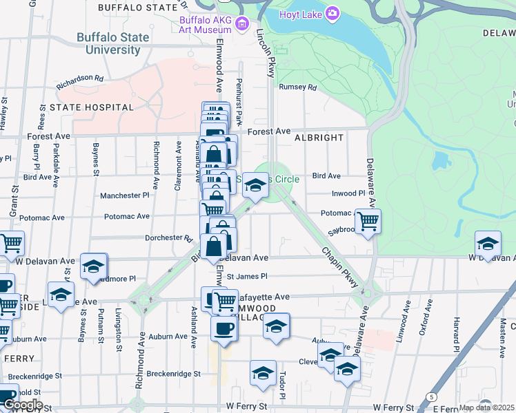 map of restaurants, bars, coffee shops, grocery stores, and more near 205 Bidwell Parkway in Buffalo
