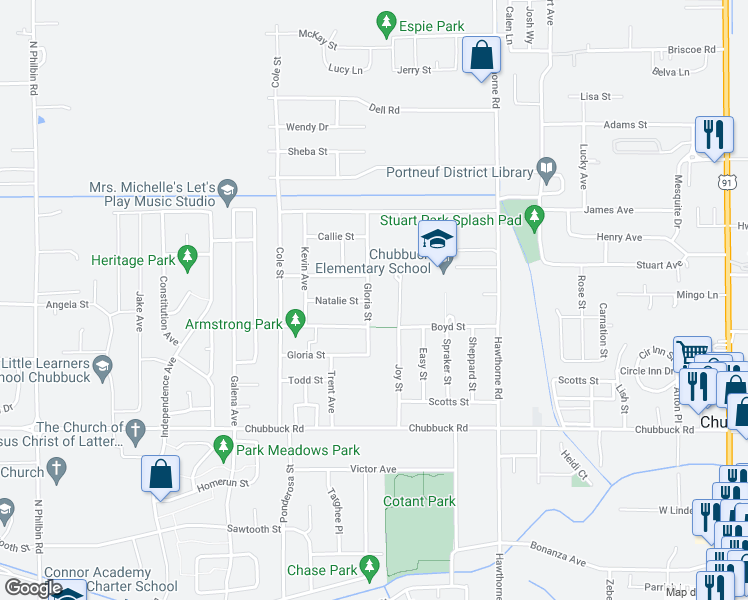 map of restaurants, bars, coffee shops, grocery stores, and more near 5020 Dorian Street in Pocatello