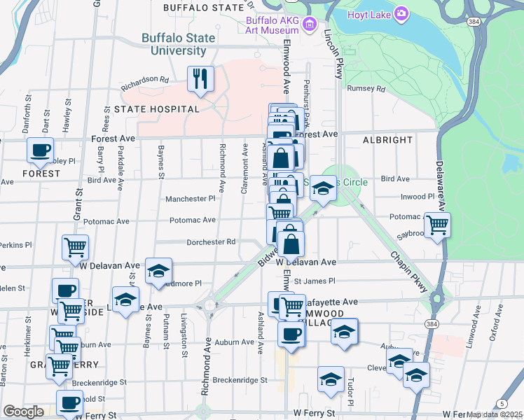 map of restaurants, bars, coffee shops, grocery stores, and more near 718 Ashland Avenue in Buffalo