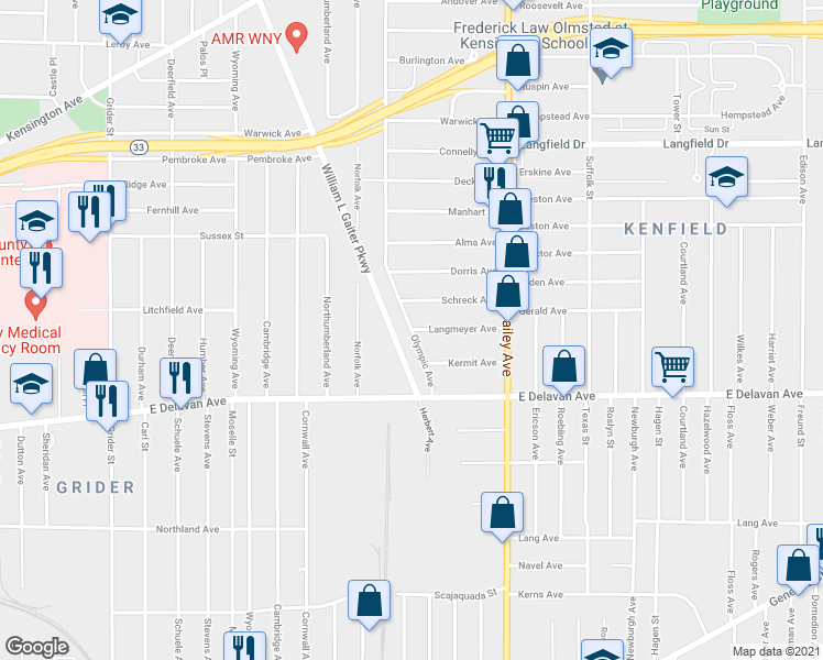map of restaurants, bars, coffee shops, grocery stores, and more near Olympic Avenue & Langmeyer Avenue in Buffalo