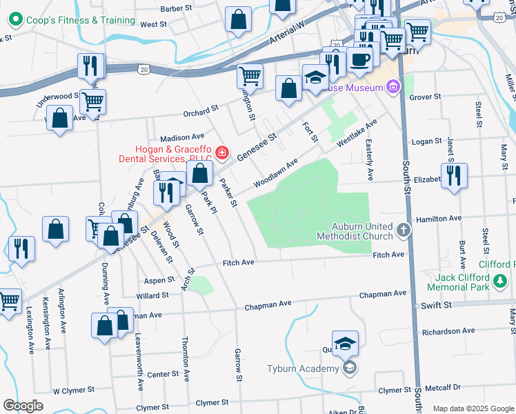 map of restaurants, bars, coffee shops, grocery stores, and more near 19 Fort St in Auburn