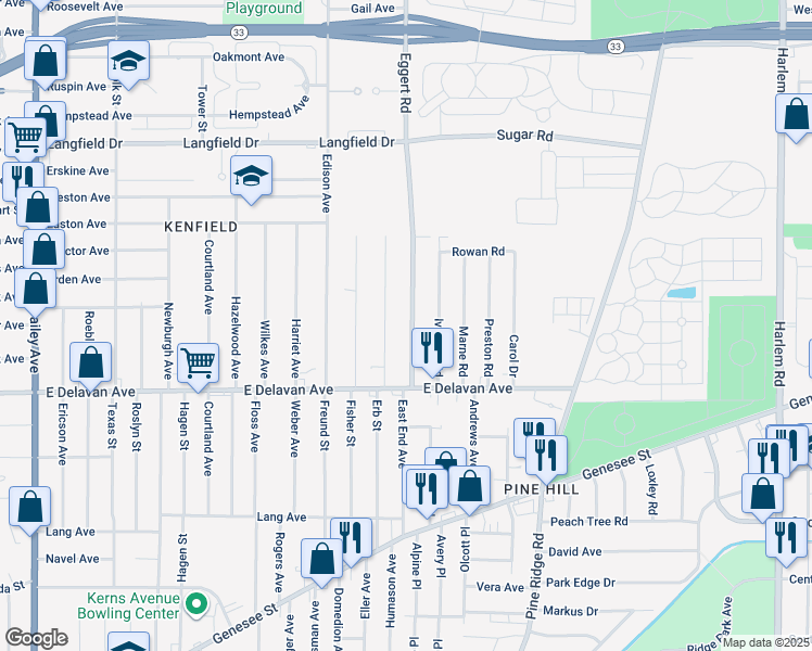 map of restaurants, bars, coffee shops, grocery stores, and more near 43 Wright Avenue in Buffalo