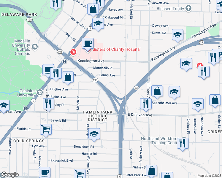 map of restaurants, bars, coffee shops, grocery stores, and more near 402 Humboldt Parkway in Buffalo