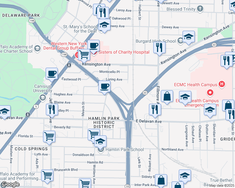 map of restaurants, bars, coffee shops, grocery stores, and more near 402 Humboldt Parkway in Buffalo