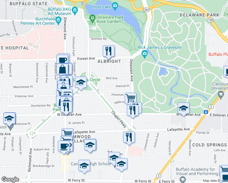 map of restaurants, bars, coffee shops, grocery stores, and more near 785 Potomac Avenue in Buffalo