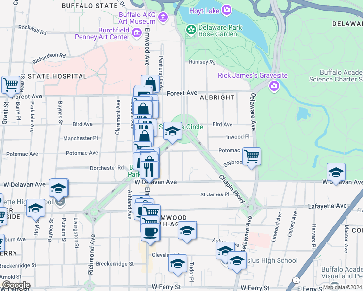 map of restaurants, bars, coffee shops, grocery stores, and more near 669 Potomac Avenue in Buffalo