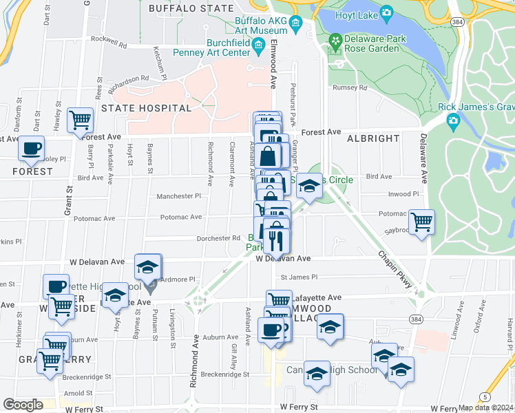 map of restaurants, bars, coffee shops, grocery stores, and more near 585 Potomac Avenue in Buffalo