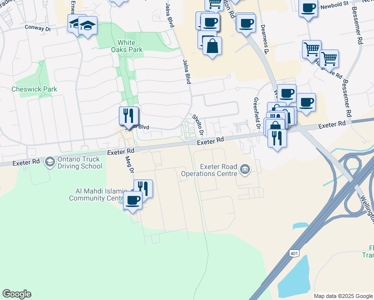 map of restaurants, bars, coffee shops, grocery stores, and more near 601 Exeter Road in London