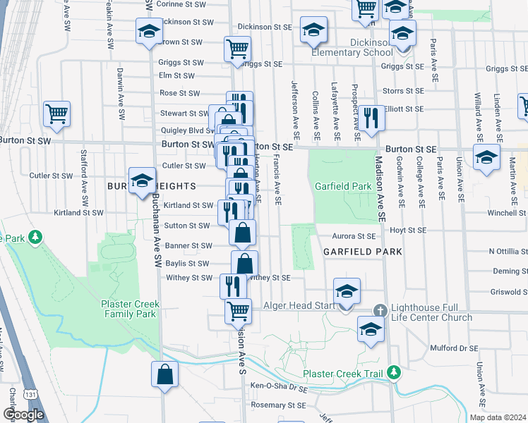 map of restaurants, bars, coffee shops, grocery stores, and more near 2154 Horton Avenue Southeast in Grand Rapids