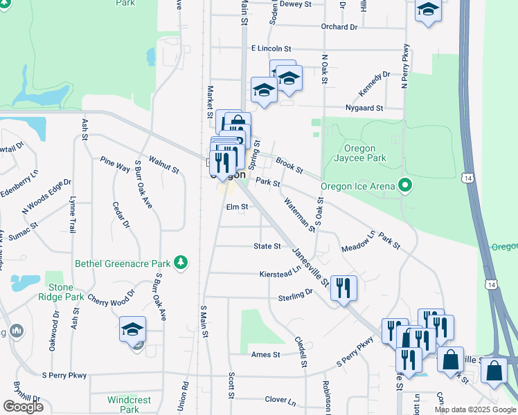 map of restaurants, bars, coffee shops, grocery stores, and more near 310 Janesville Street in Oregon