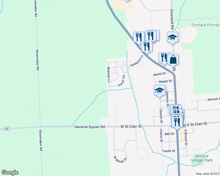 map of restaurants, bars, coffee shops, grocery stores, and more near 733 Ascot Circle in Almont